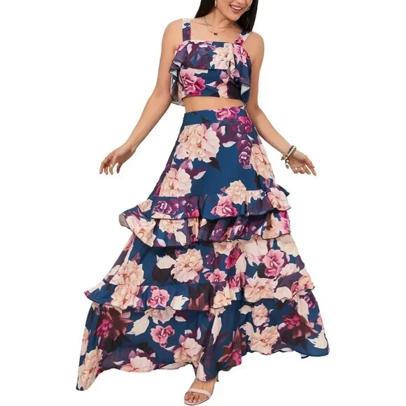 Women's Floral 2 Piece Outfit Crop Top & Maxi Skirt Summer Beach Vacation